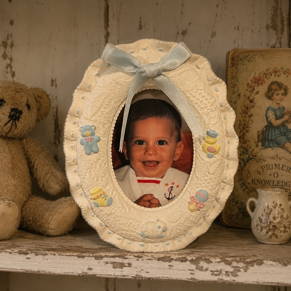Russ Berrie Vintage Oval Baby Picture Frame White Eyelet Lace Blue Bow Pastel